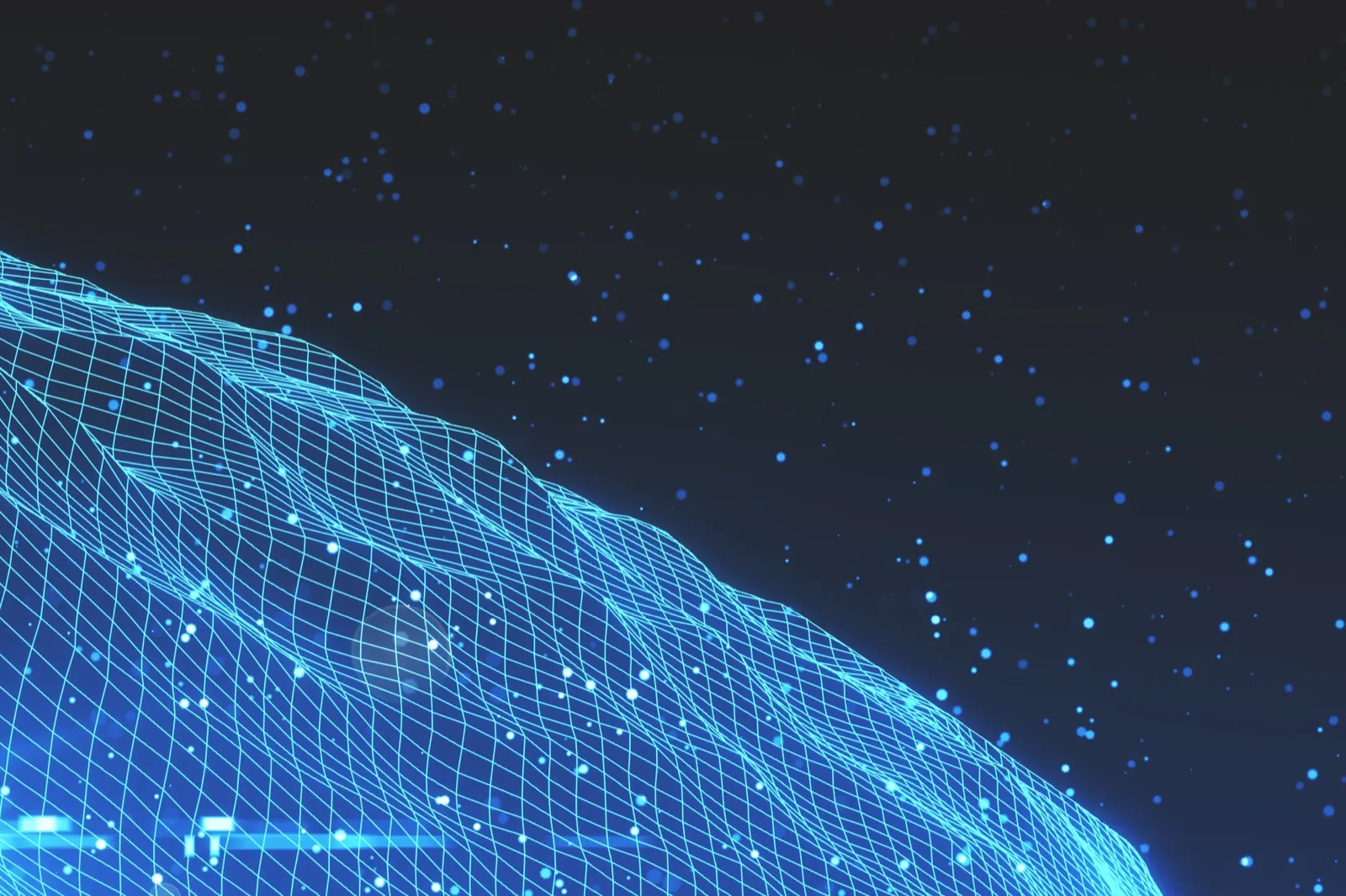Glowing blue grid of connected points on a dark background