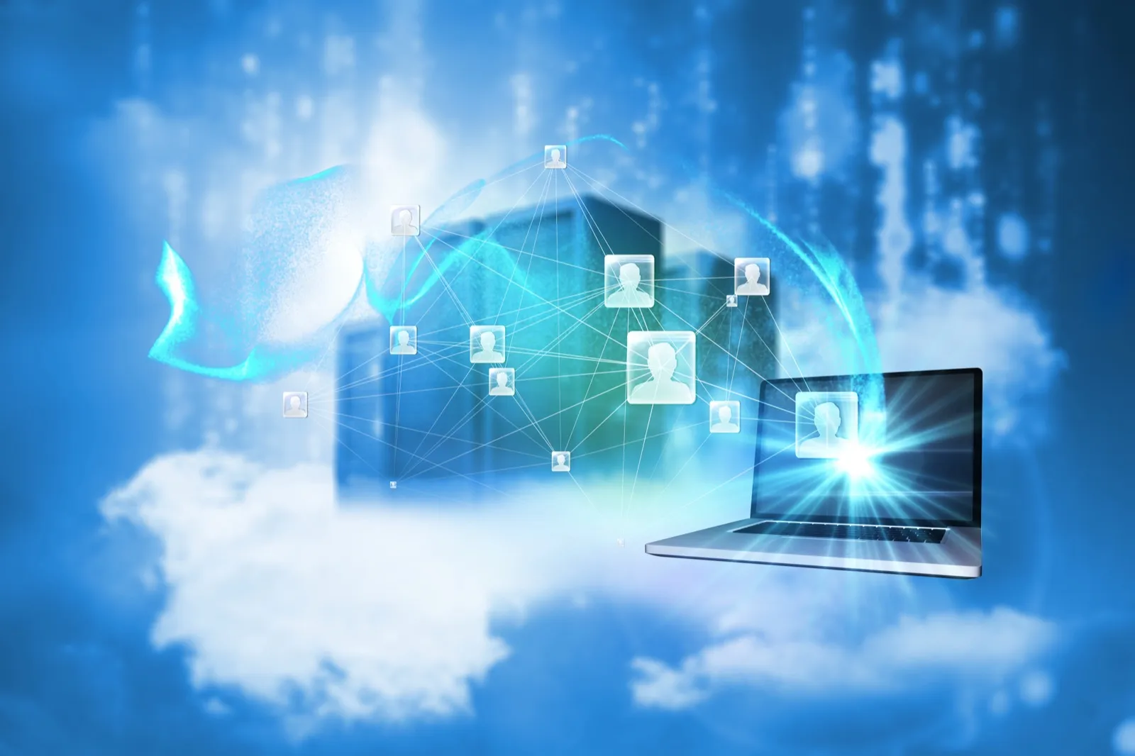 Laptop connected to cloud server infrastructure