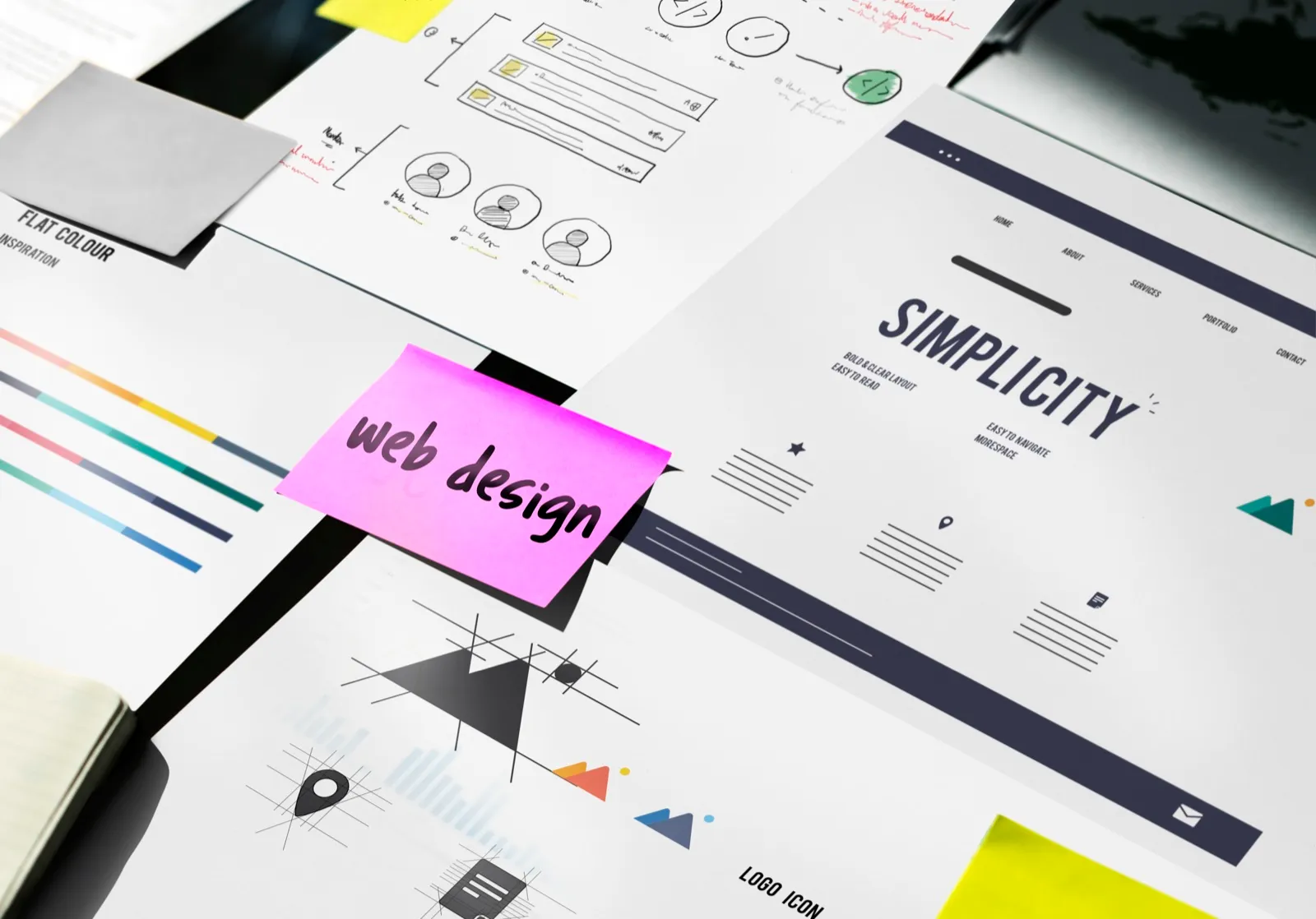 Web design wireframe sketches with sticky notes